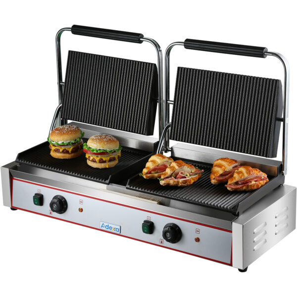 Tugev Topelt XL Panini Kontaktgrill Ribiga 4.4kW Kahe tsooniga | Adexa HEG813E