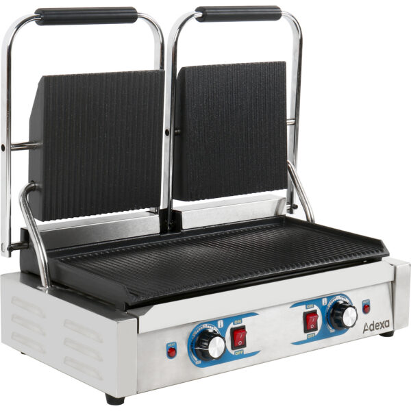 Vastupidav topelt Panini kontaktgrill kahe tsooniga 3.6kW sooniliste plaatidega | Adexa MLP813