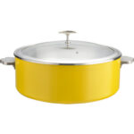 Serveerimis- ja soojenduspott klaaskaanega & roostevabast terasest sisuga Kolmekihiline haamerdatud pind ⌀320x120mm Kollane | Adexa E0912005