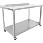Kaubanduslik mobiilne töölaud ratastel roostevabast terasest alumise riiuli ja tagaservaga 1500x700x900mm | Adexa DWTC70150B