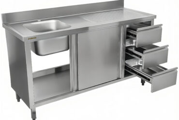 Valamukapp roostevabast terasest 1400x600x900mm 1 kauss vasakul 3 sahtlit pritsmekaitsega | Adexa DSA601402D3DL