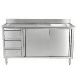 Kaubanduslik roostevabast terasest valamu kapp 1400x600x900mm 1 kauss paremal 3 sahtlit pritsmekaitsega | Adexa DSA601402D3DR - Image 2