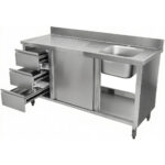 Kaubanduslik roostevabast terasest valamu kapp 1400x600x900mm 1 kauss paremal 3 sahtlit pritsmekaitsega | Adexa DSA601402D3DR