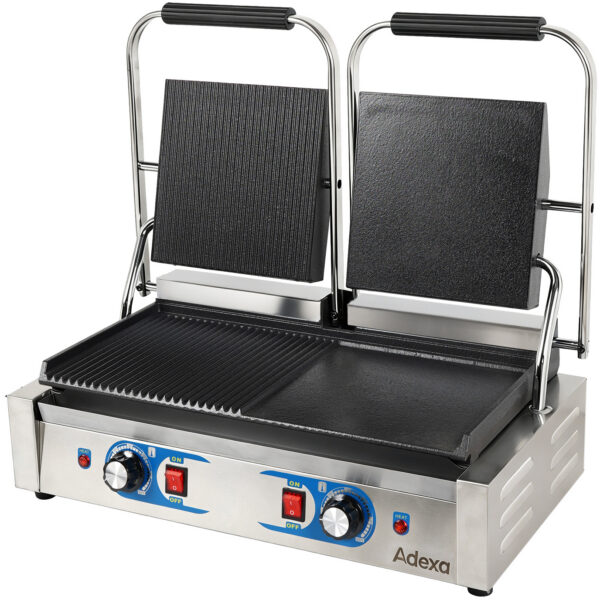 Tugev Kahepoolne Panini Kontaktgrill Kahetsooniline 3.6kW Ribitud/Tasane pealispind | Adexa MLP813B