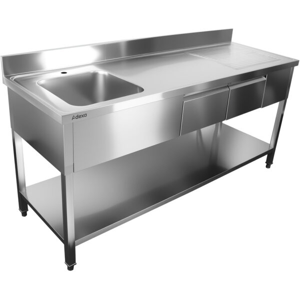 Kaubanduslik roostevabast terasest valam 1800x600x900mm 1 kauss vasakul 2 sahtlit Splashback | Adexa DSA2D18060L