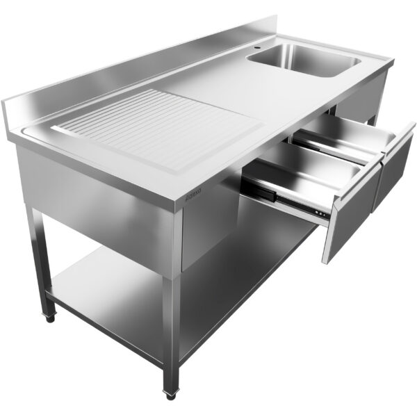 Kaubanduslik roostevabast terasest valam 1800x600x900mm 1 kauss paremal 2 sahtlit Splashback | Adexa DSA2D18060R